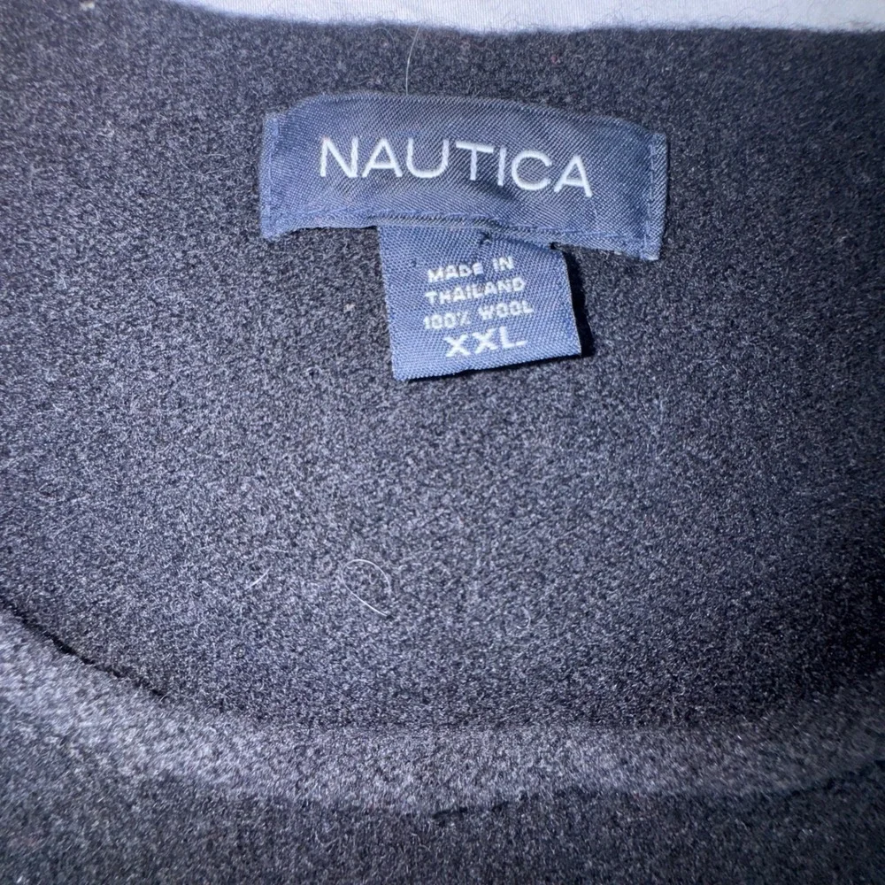 Nautica Sweater Mens XXL Black Grey Striped 100% Wool Crewneck Pullover